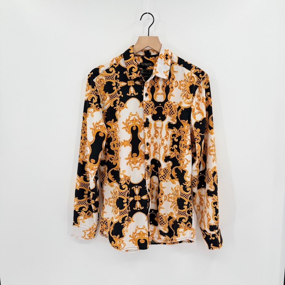 Baroque Gold Button Down Shirt Mens M Medallion Fashion Bold Luxury Party Club